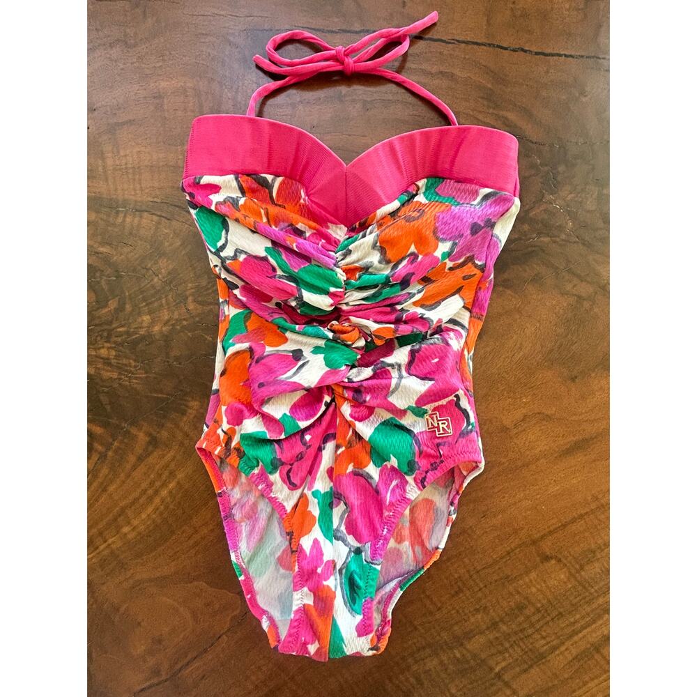 Archival Nina Ricci Petite Floral One-Piece | Retro Pin-Up & Chevron Weave